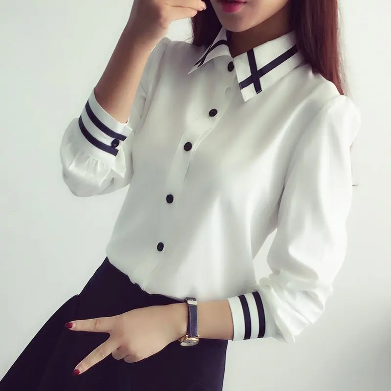 

2019 Fashion Female Elegant Bow Tie White Blouses Chiffon Turn Down Collar Shirt Ladies Tops Women School Blouse