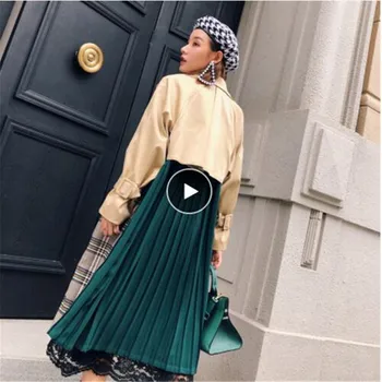 

2019 Plaid Contrast Color Back Green Pleated Overcoat New Fashion Female's Trench For Women Long Coat Vestido