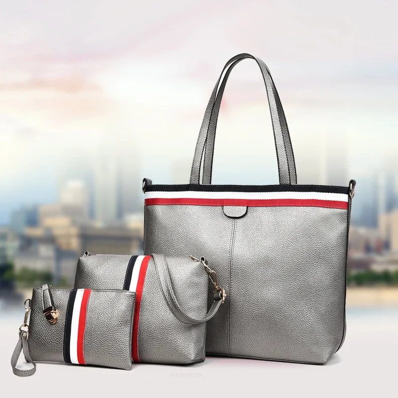 

Different Size Bags 2018 New Style Color Stripes Three-piece Set Women's Bag Korean-style Embossed Leather Portable Shoulder Bag