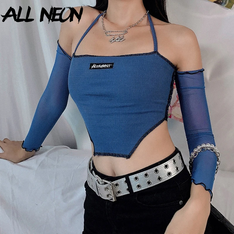 ALLNeon Y2K Fashion Ribbed Anomalistic Hem Cropped Tops  with Mesh Sleeve E-girl Backless Lace Up Halter Tanks Streetwear 90s 2