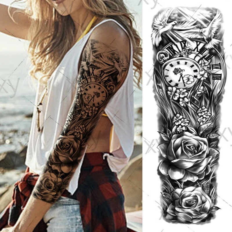 Waterproof Temporary Tattoo Sticker Roses Clock Peace Dove Full Arm Large Size Tatoo Fake Tatto Flash Tattoos For Men Women Temporary Tattoos Aliexpress