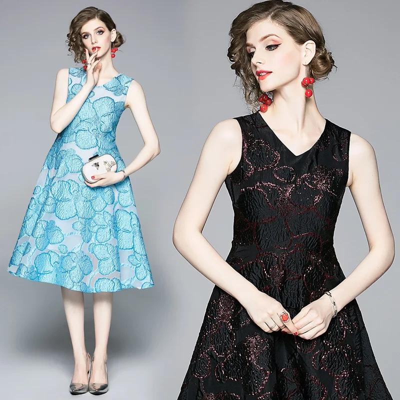 

Fashion V-neck 2019 Women Summer Sleeveless Dress Jacquard Elegabt Luxury Floral A-line Dresses Vestidos Mujer Femme Robe