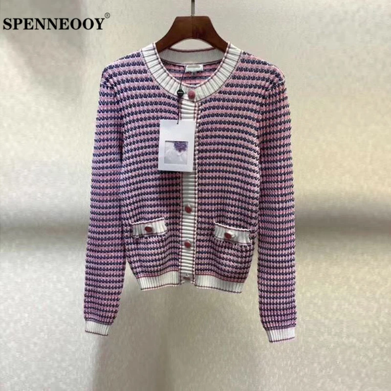 

SPENNEOOY Designer Custom Runway Fashion Female Spring Knitting Cardigans Long Sleeve Striped Knit Button Ladies Vintage Sweater