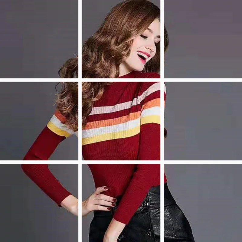 

Autumn New Korean-Style Short Color Block Striped Mock-Neck Article Rainbow Knit Long-Sleeve Bottoming Sweater Women's