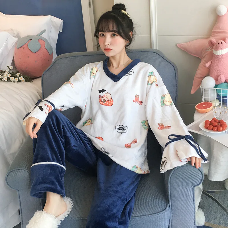 

Coral Velvet Pajamas Women's Autumn & Winter Long Sleeve Cute Chickens Thick Warm Flannel Set-Outer Wear Tracksuit