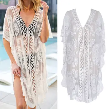 

Women Sexy V-Neck Backless Swimsuit Bikini Cover Up Hollow Out See-Through Crochet Floral Lace Side Split Beach Dress