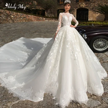 

Adoly Mey Gorgeous Appliques Beaded Long Sleeve A-Line Wedding Dress 2020 Elegant O-Neck Button Chapel Train Vintage Bridal Gown