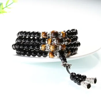 

Natural Tigereye Black Obsidian Black Agate Multi-storey More Circle 108 Beads Bracelet Silver Crystal Bracelet