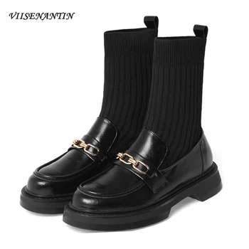

Small Leather British Style Retro Chain Round Toe Thick-soled Elastic Stocking Boots Autumn Winter Korean Women Short Boots