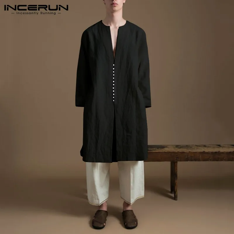 INCERUN, Ретро стиль, длинная Стильная мужская рубашка, одноцветная, хлопок, повседневная, длинный рукав, v-образный вырез, на пуговицах, Ретро стиль, рубашки, мужская одежда