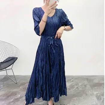 

Korea pleated large size dresses famale 2020 Women's knee long metal texture round collar half sleeve dress with beltL10Y