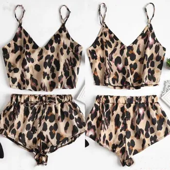

New 2pcs Women Sexy Spaghetti Strap Tank Shorts Leopard Print Lace Sleepwear Babydoll Nightwear Pajamas Set Fashion New Pajamas
