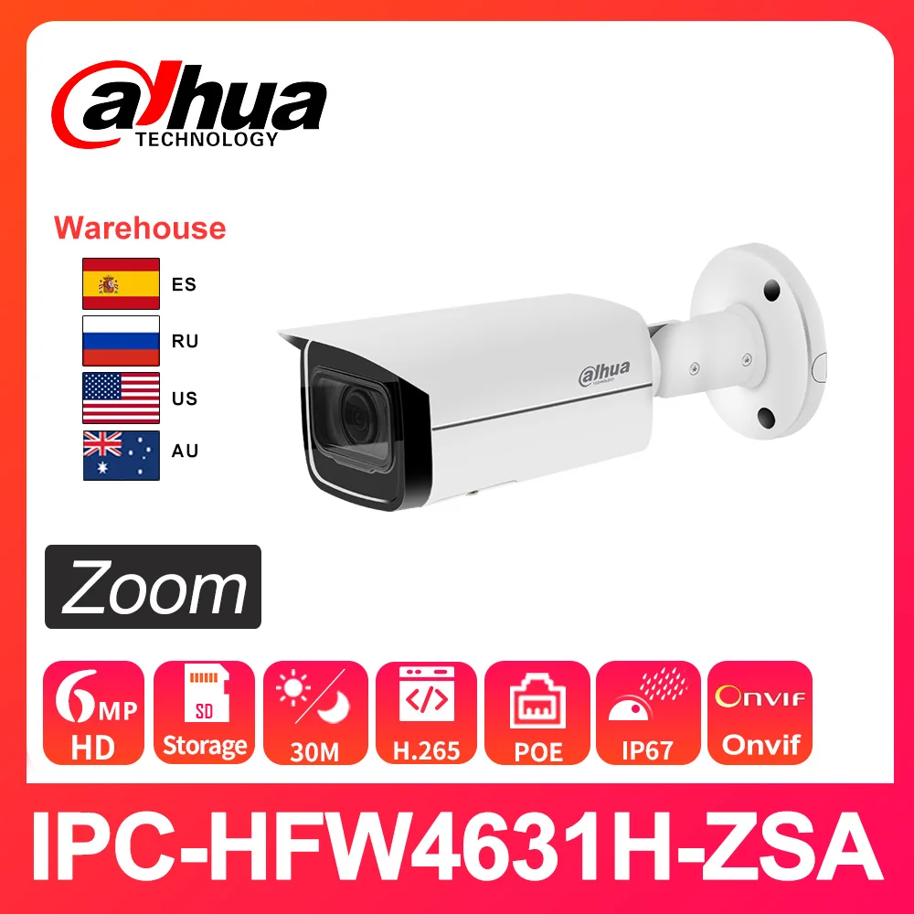 Dahua IP Camera Security IPC-HFW4631H-ZSA HD 6MP 2.7-13.5mm 5X Zoom Night Vision IR60M Built-in Mic PoE  H.265 IP67 IK10 Outdoor