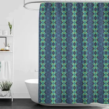 

hengshu Blue and Green Odorless Waterproof Shower Curtain Symmetric Geometric Vertical Borders with Zig Zag Stripes Large Home