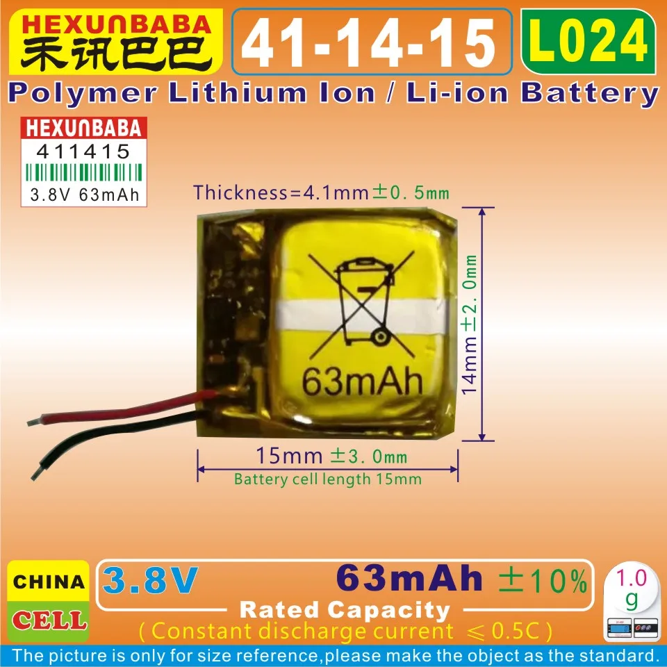 10pcs [L024] 3.8V 63mAh [411415] Polymer Li-Ion Battery For TWS Bluetooth Earphone Smart Watch Fitbit Charge 2 LSSP411415 | Электроника