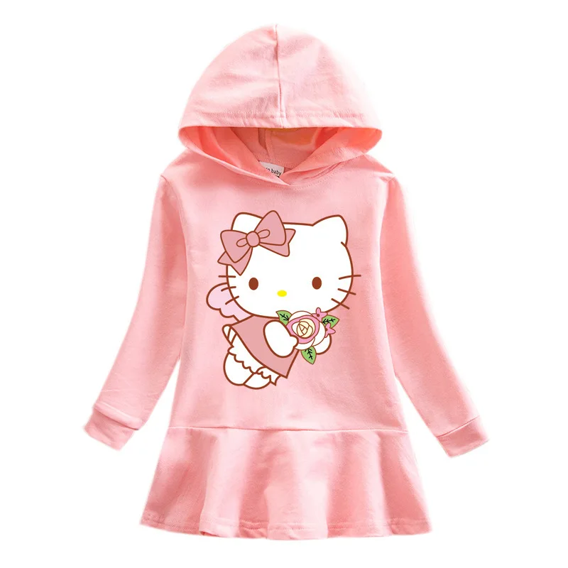 thumbnail image 1 of Hello Kitty lindo dibujo animado impreso bebé vestido con volantes traje de niños Sudadera con capucha de algodón puro vestido de suéter falda Casual para niñas y niños, 1 of 5