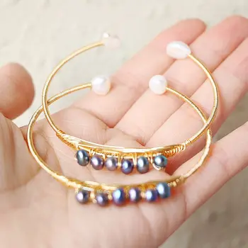 

5Pcs Pearl Bangle Gold Plating Wire Wrap Pearl Beads Bangle Jewelry for Women