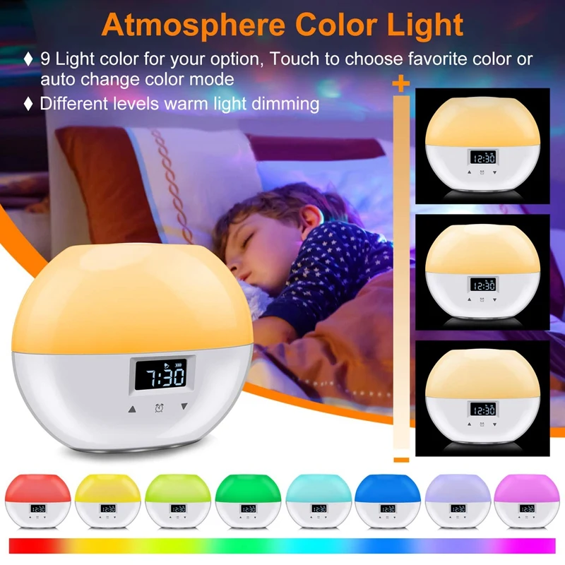 Sunrise Alarm Clock, Upgrade Smart Wake Up Light with 9 Colors for Kids, Sunrise Simulation and Sleeping Mode Night Light for Be