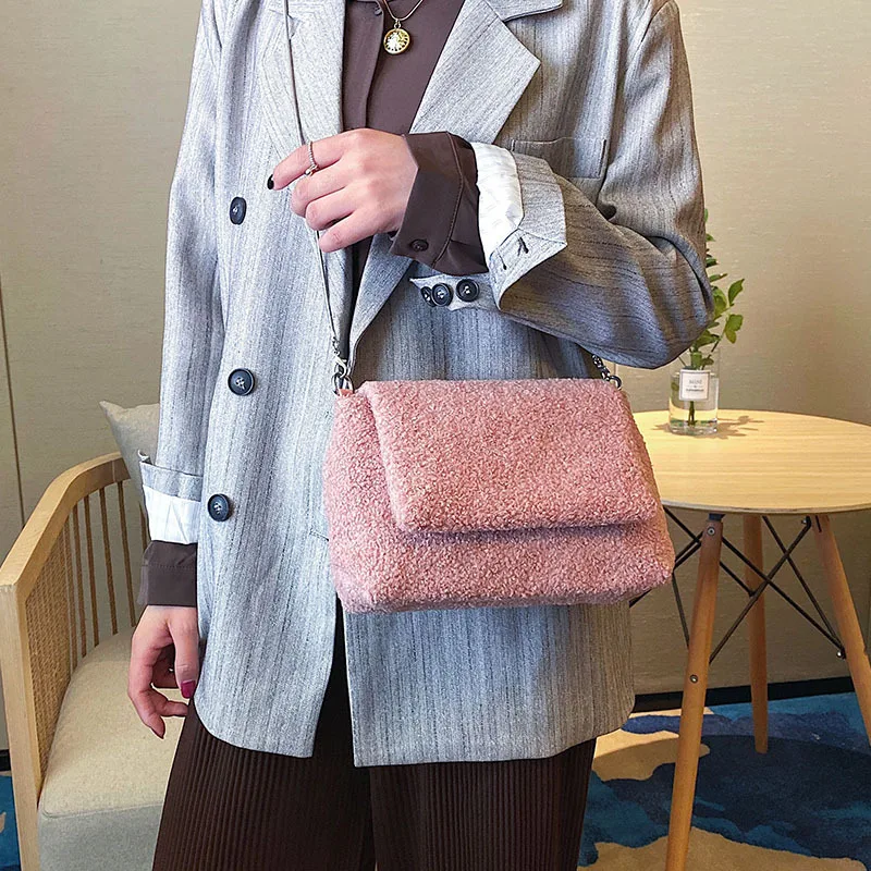

2019 New Style Fashion Korean-style INS Versatile Chain Crossbody Bag Fashion Woolen Cloth Winter Bag Women's WOMEN'S Bag