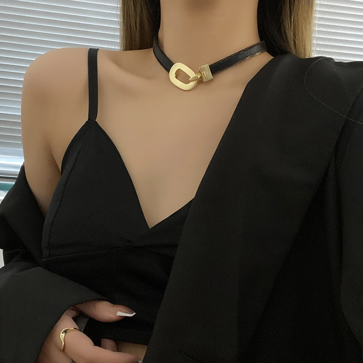 Punk Black PU Leather Belt Shape Choker Women Necklaces Hiphop Metal Clasp Clavicle Chain Necklace - Image 2