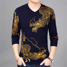 Китайский стиль золотой двойной дракон узор 3d принт вязаный свитер осень высококачественный мягкий удобный тонкий свитер мужской M-3XL