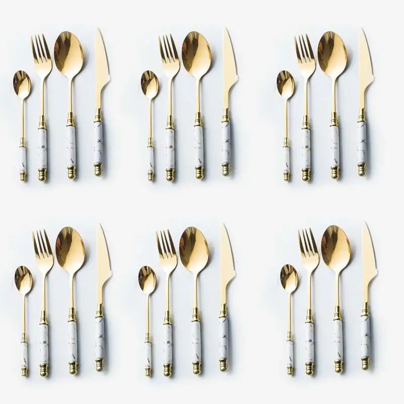 

24pcs Gold Marble Cutlery Set Ceramic Handle Fork Spoon Knife Set Stainless Steel Cutlery Set Dishwasher Safe Dinnerware Sets