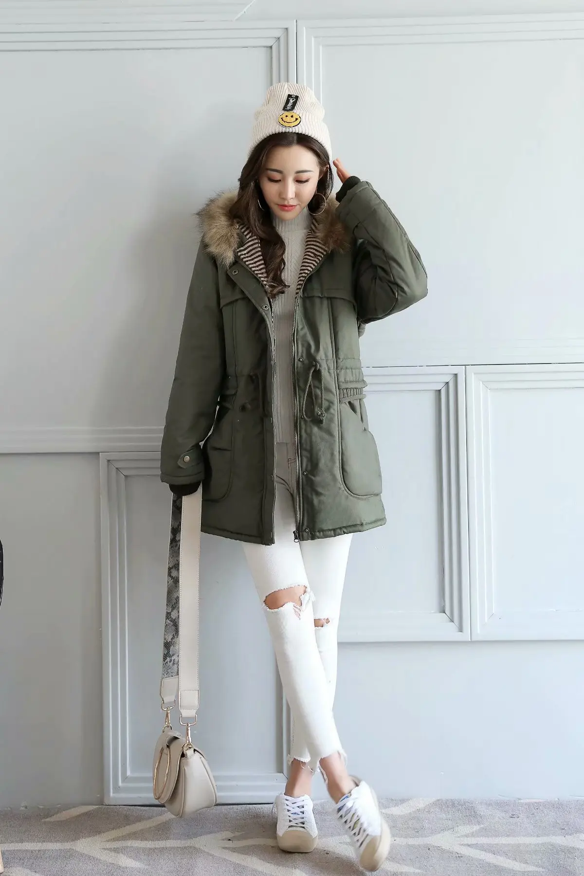 

2018 Winter New Style Korean-style Slim Fit Slimming Hooded Mid-length Pocket Thread Drawstring Large Pocket Cotton-padded Cloth