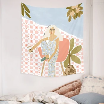 

Modern Illustration Girl on The Chair Tapestry Dormitory Decorative Hanging Cloth Femal Living Room Curtain TV Cover Fabric