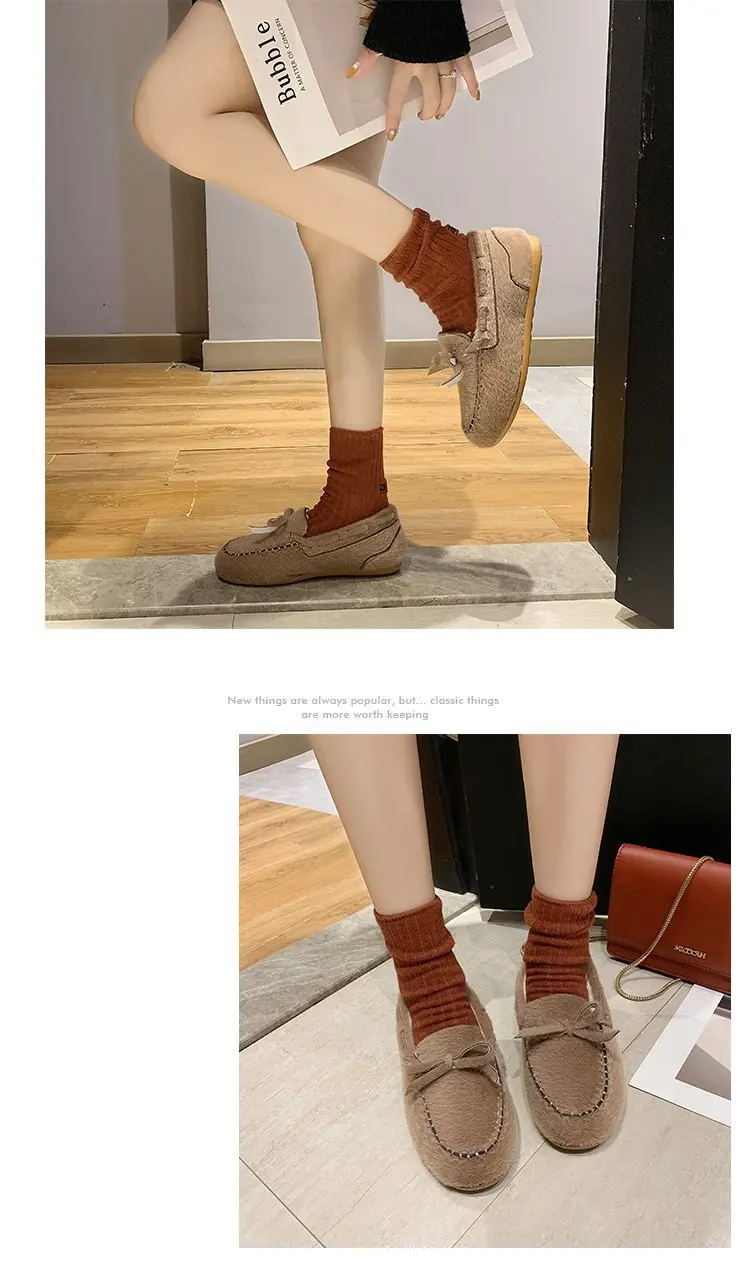 women Korean casual round toe shallow loafers winter warm lace-up bow-tied slip on moccasins brand sewing fur cotton shoes