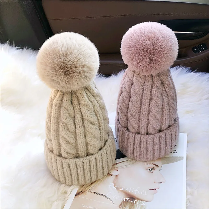 Fashion Warm Knitted Women's Hat Striped Winter Hats For Women Pink Fur Pompom Wool Beanies Thick Skullies Cap faux Pom pom |