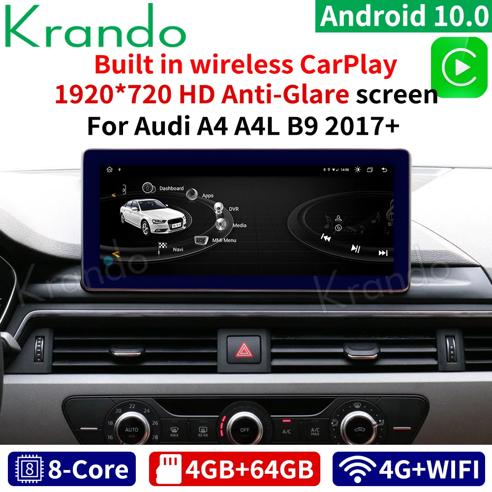 Krando Android 10.0 4G 64G ROM 10.25''IPS Car Radio Navi for Audi A4 A4L B9 A5 2017 2018 2019 2020 Multimedia Wireles Carplay