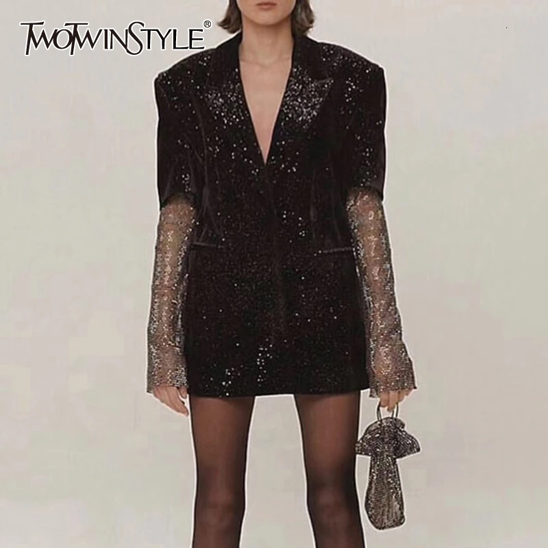 TWOTWINSTYLE Patchwork Diamonds Women's Blazer Notched Long Sleeve Perspective Suit For Female Autumn Fashion Clothing Tide