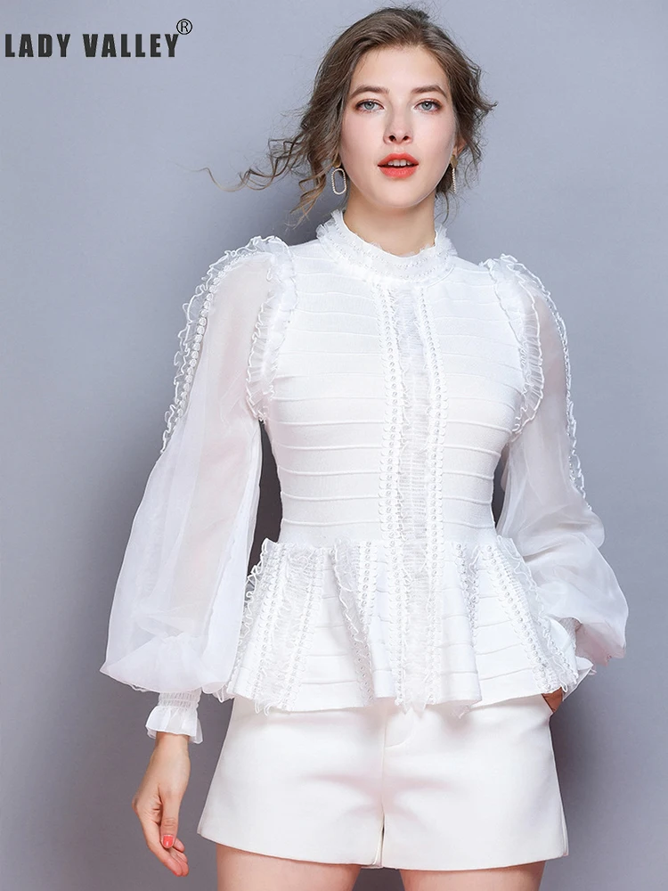 

Free shipping Beaded Beads Fungus Edge Hollow Net Lantern Sleeve Waist Shirt Women Spring Hem Puffy Knit Top