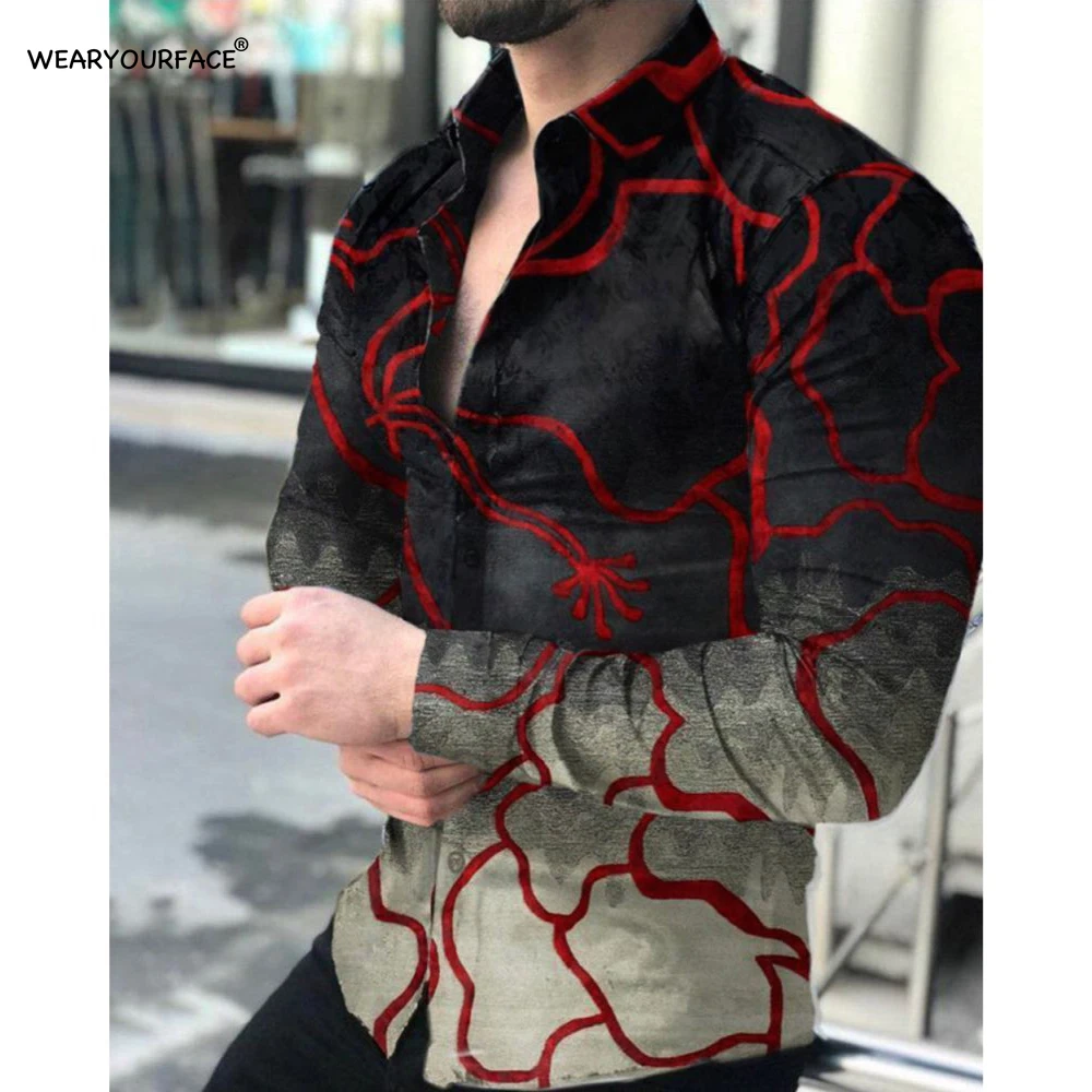 Tiger Stripe Abstract Pattern 3D All Over Printed Hawaiian Button Up Shirts Full Sleeve Streetwear Vocation Casual Men Clothing