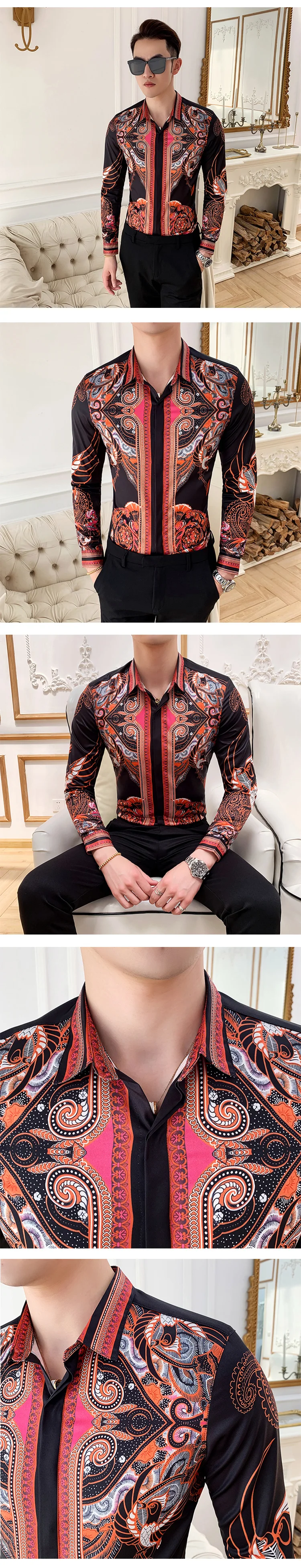 Азиатский размер M-4XL/ Новая мода цветочный принт Slim Fit рубашки мужские с длинным рукавом Повседневные мужские рубашки Роскошные