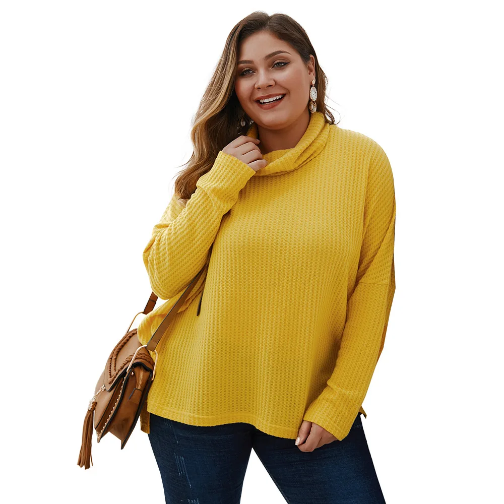 

Plus size Solid Yellow Turtleneck Women sweater Autumn Elegant Long Batwing sleeve Women tops Casual side split office pullovers