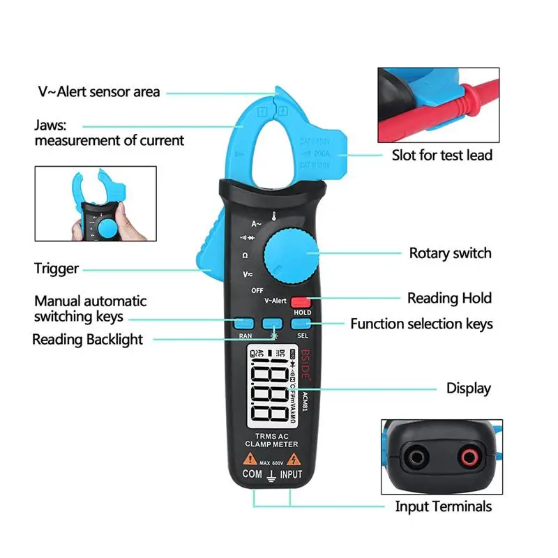 BSIDE ACM81 AC клещи 1mA True RMS Авто Диапазон мини цифровой мультиметр v-оповещение ток тестовый диод тестовый er с задней клипсой