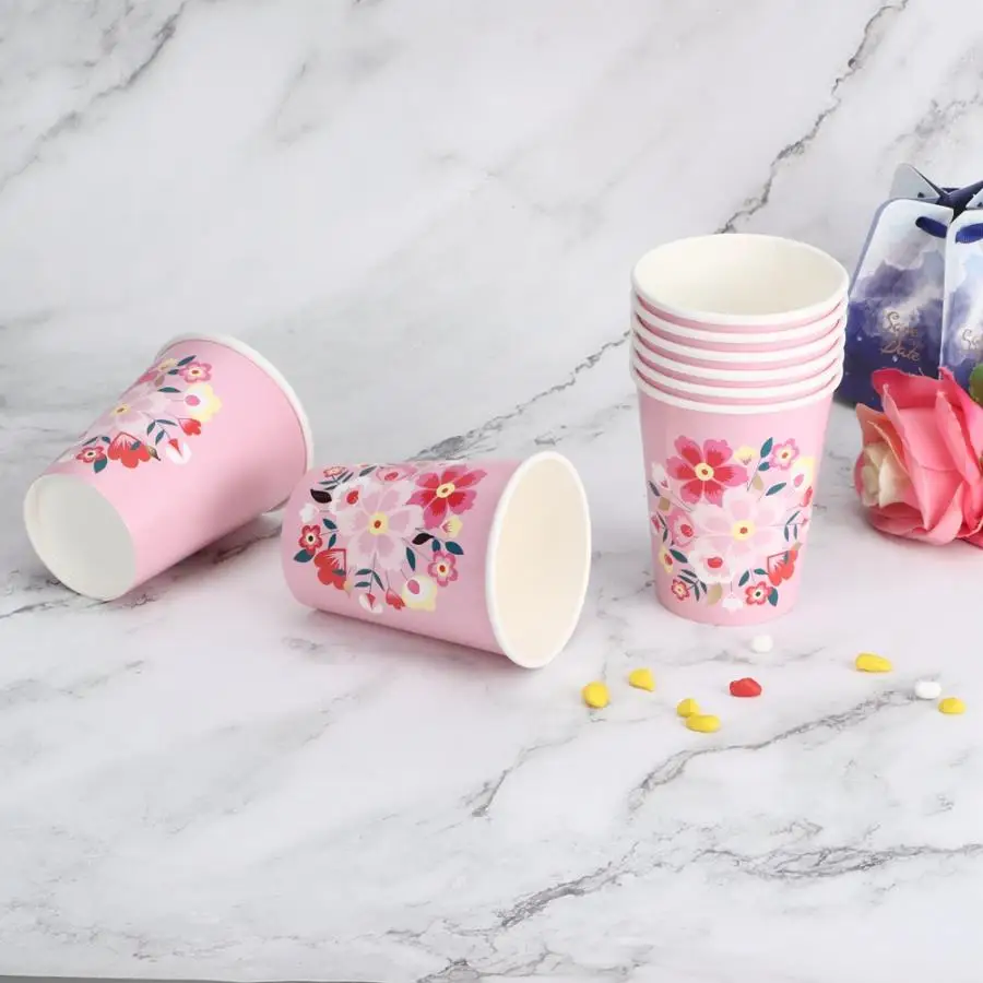 8PCS Flower Pattern Disposable Paper Cups One-off Coffee Drinkin Juice Cup Tableware Party Birthday Wedding Picnic Tableware