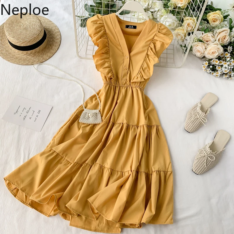 Neploe V Neck Ruffles Sleeveless Dress Women High Waist Hip A Line Vestido Solid Summer Holiday Beach Ropa 2020 New Elegant Neploe V Neck Ruffles Sleeveless Dress Women High Waist Hip A Line Vestido Solid Summer Holiday Beach Ropa 2020 New Elegant