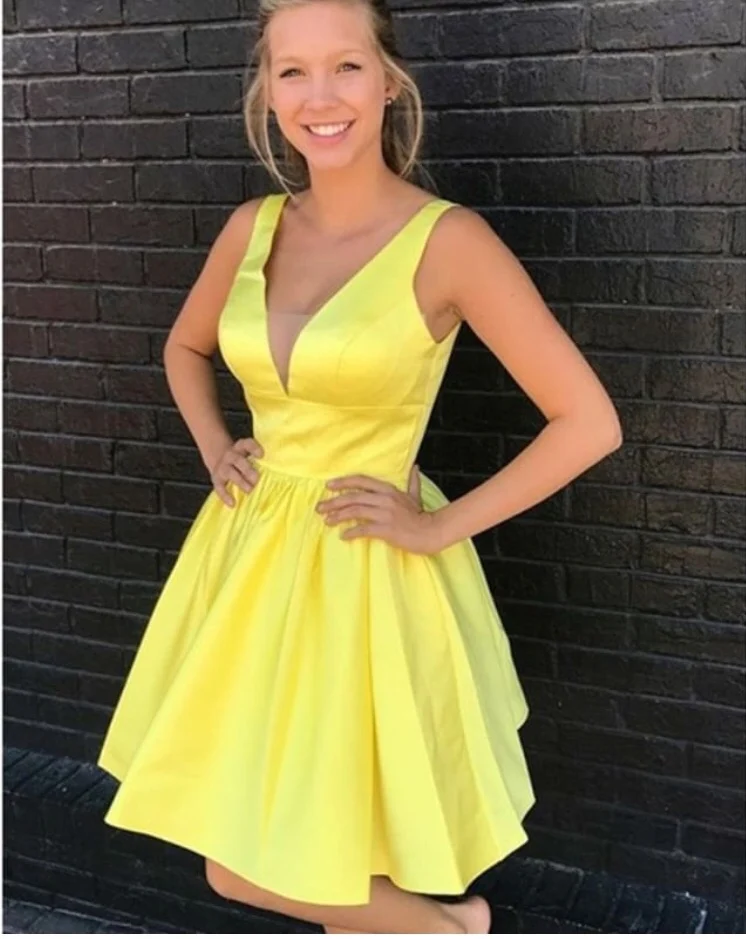 Picture yellow Простое Дешевое платье для вечеринок желтое ТРАПЕЦИЕВИДНОЕ мини для коктейлей платья выше колена с v-образным вырезом без рукавов платье для выпускного вечера - Цвет: Picture yellow