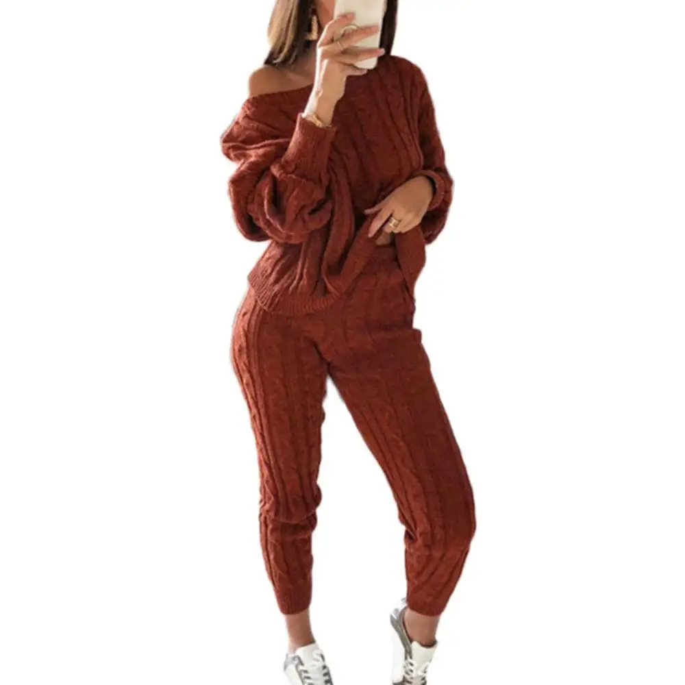 Wine Red 2 шт., зимний Однотонный свитер с открытыми плечами, штаны, женская трикотажная пижама, комплект - Цвет: Wine Red