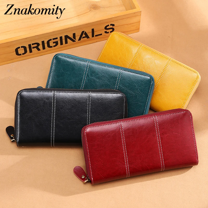 Znakomity Vintage Women Genuine Leather Wallet Long Anti-theft Woman Purses with Wallet Large Capacity Zipper Wallet Coin Purses