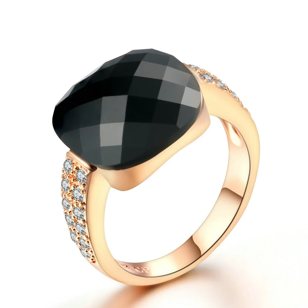 

Модные женские Кольца из розового золота с бриллиантами 14 к, ювелирные изделия с большим черным драгоценным камнем, обручальные кольца с цирконом, Изящные Ювелирные изделия
