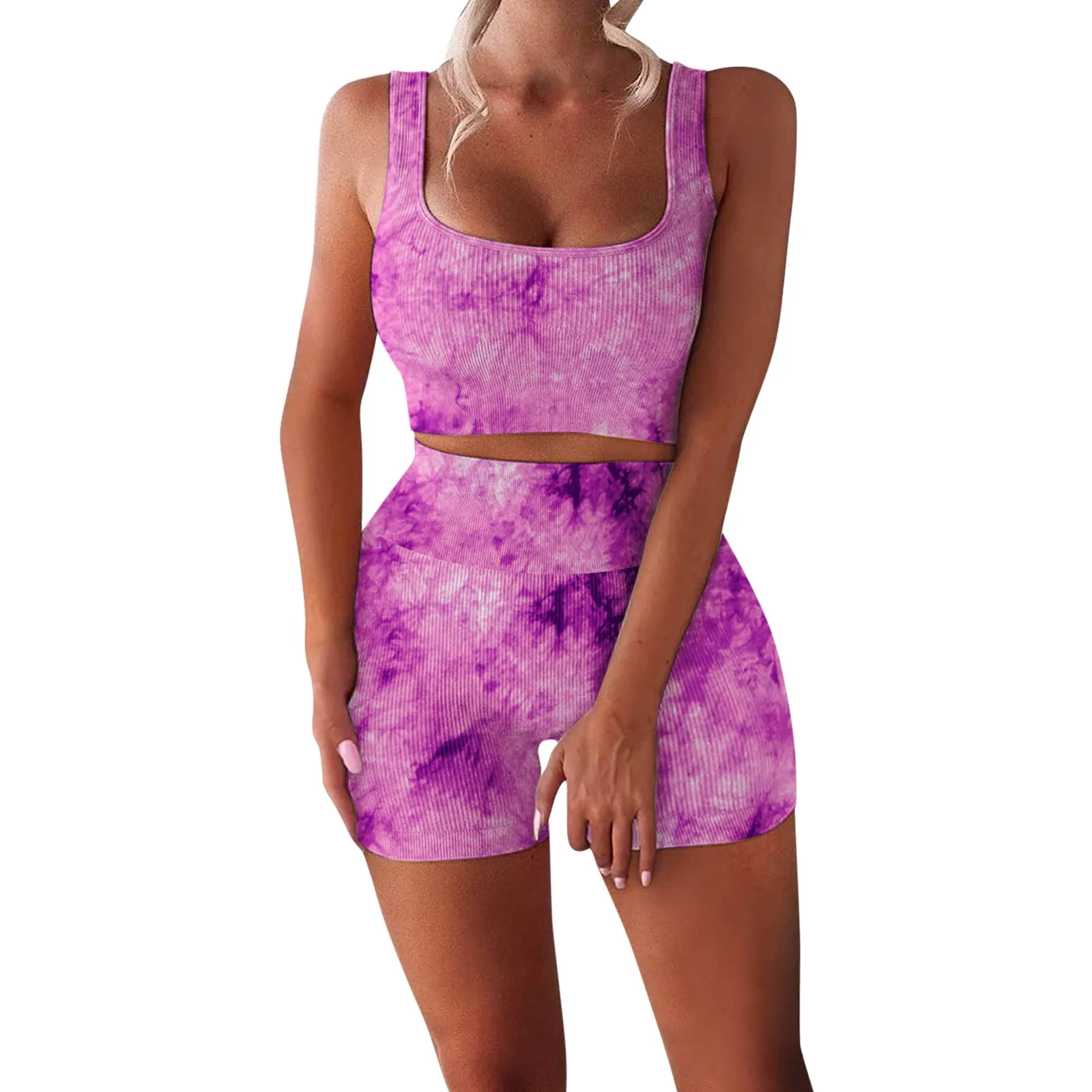 Women Seamless Sport Set Tie-dye Printed Crop Top Bra Shorts Workout Outfit Gym Workout Running Yoga Suit Female Tracksuit 2