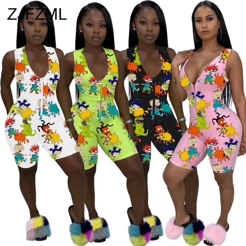 Mono con estampado de personaje de dibujos animados para mujer, ropa de verano con cremallera, traje de una pieza para discoteca, trajes sin mangas con cuello de pico profundo