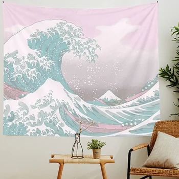 

Japan Sea Wave Wall Tapestry Pink Wall Hanging Hippie Boho Decor Psychedelic Sunset Tapestry Throw Wall Cloth Tapestries Carpet