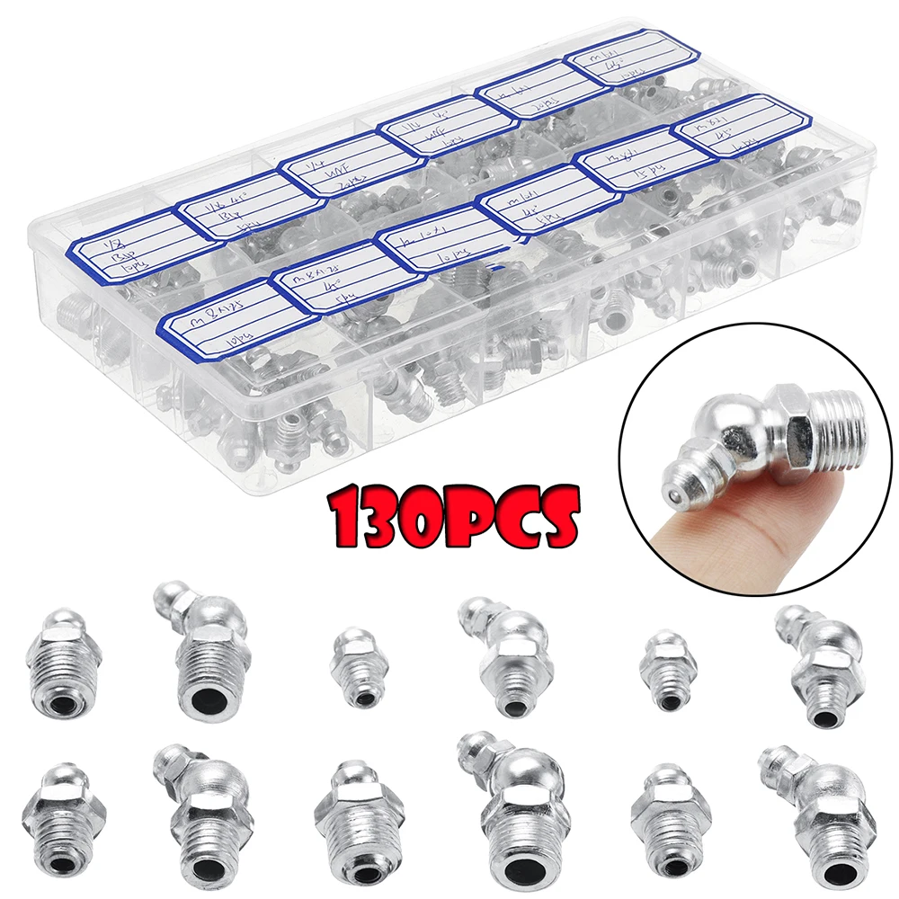 130Pcs Hydraulic Grease Nipples Imperial BSP UNF M6 M8 M10 45&deg; Galvanized Metal Grease Nipple Fitting Assortment Kits Fitting