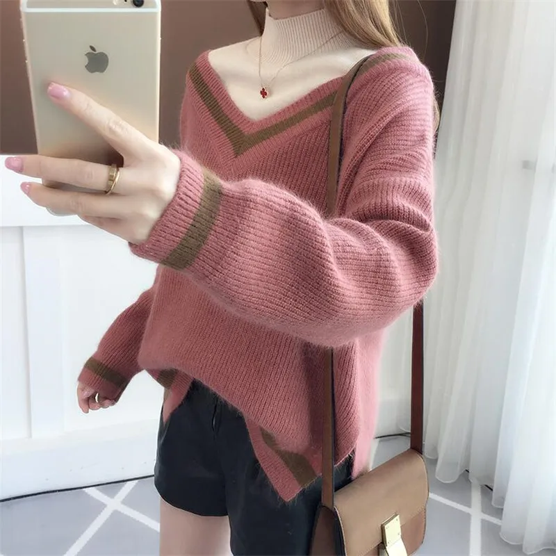 Свитер утолщение женский зимний комплект короткий параграф полувысокий воротник свитер осеннее платье Свободный джемпер - Color: Red