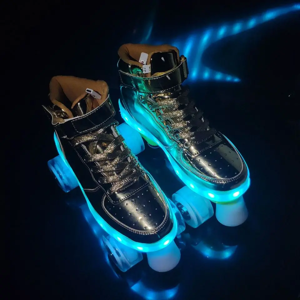 New Flash Skate Adult Double-Row Pulley Shoes Men Women 4-Wheel PU Children Luminous Roller Skates