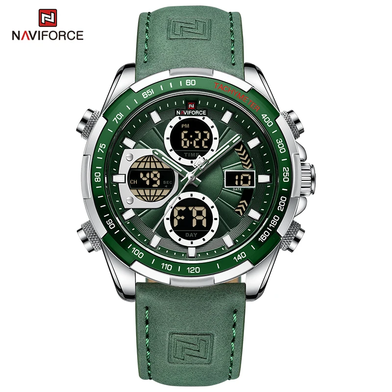 Спортивные часы NAVIFORCE для мужчин Роскошные зеленые наручные с кожаным ремешком